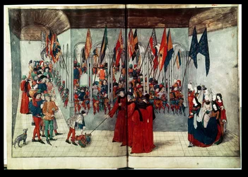 54998 bis Ms. fr. 2692 fol.47v-48r Preparativi per un torneo, da un trattato